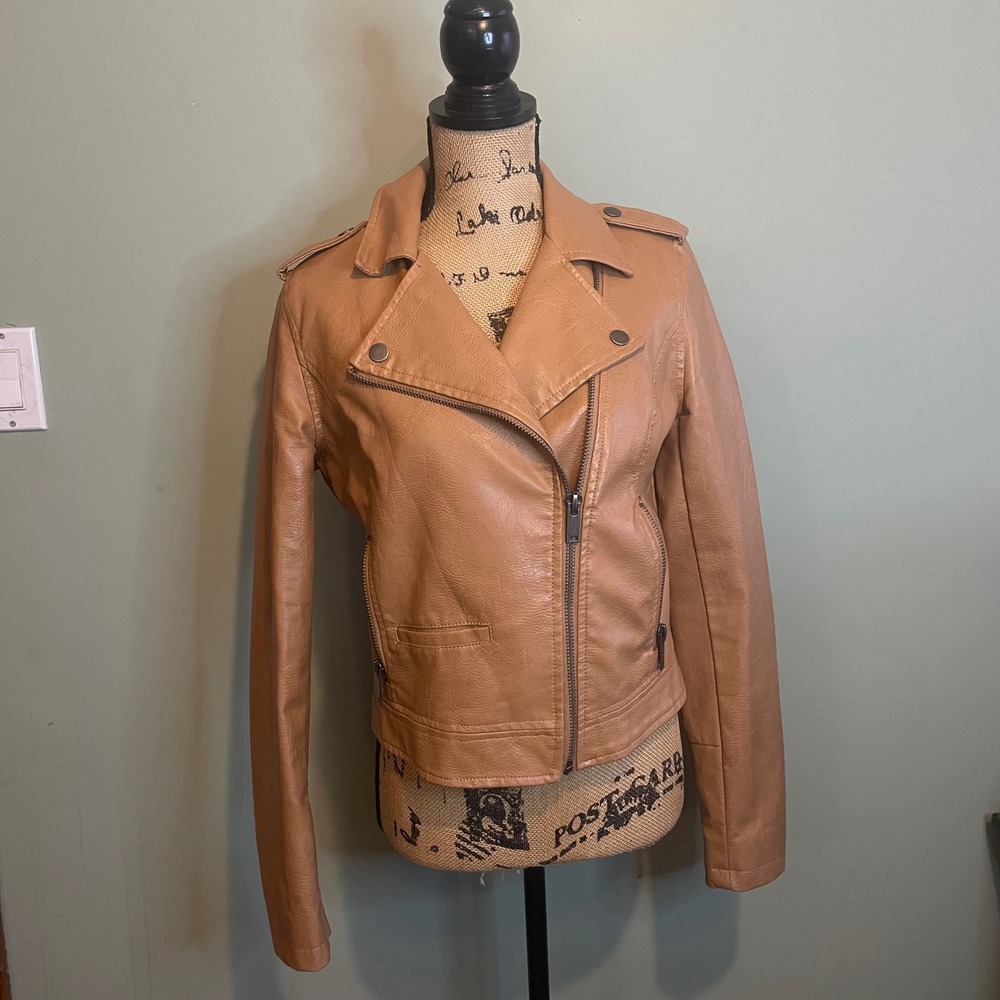 Aeropostale Womens Outwear Baddie Biker  Faux‎ Leather Moto Jacket Brown Small